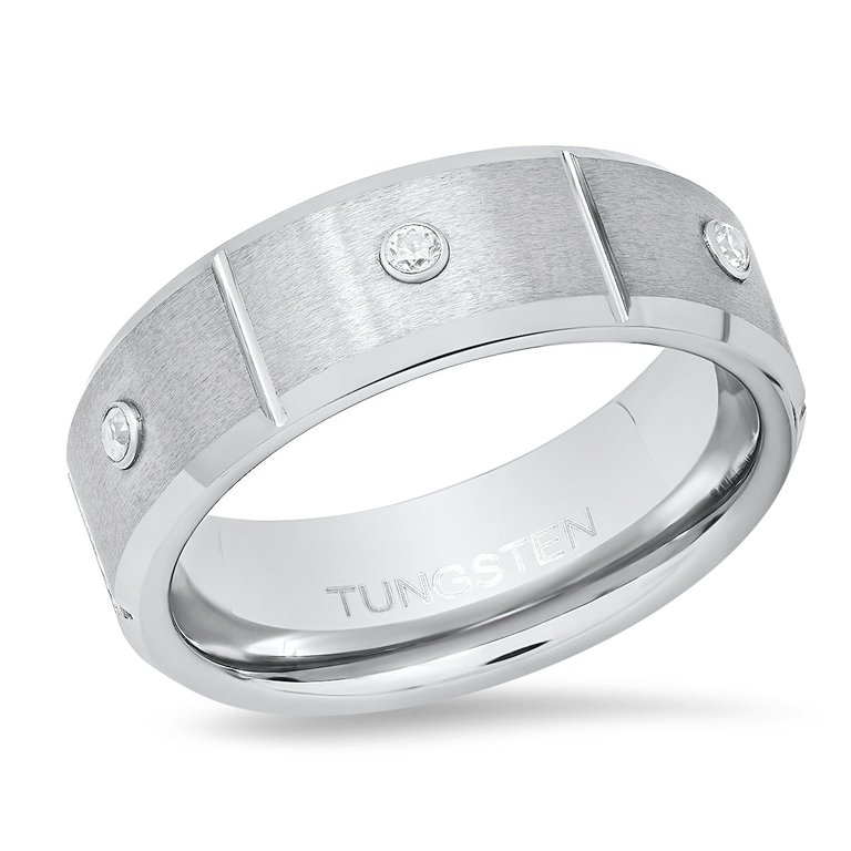 Tungsten Ring Band with Simulated Diamonds - Silver