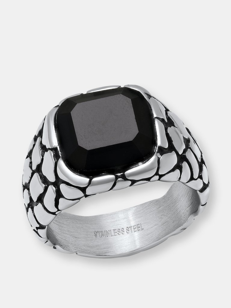 Watermark Statement Ring With Black Simulated Diamond - Silver/Black