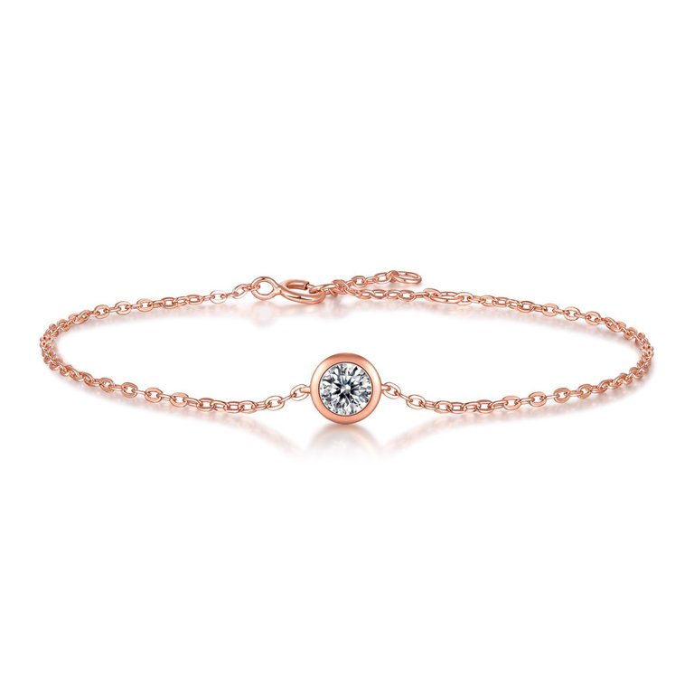 Sterling Silver 18k Rose Gold Plated with 0.50ct Lab Created Moissanite Solitaire Station Charm Adjustable Bracelet - Pink