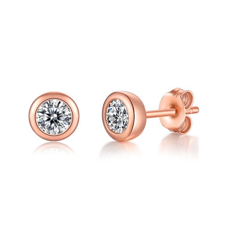 Sterling Silver 18k Rose Gold Plated With 1ct Lab Created Moissanite Round Bezel Solitaire Stud Earrings - Pink