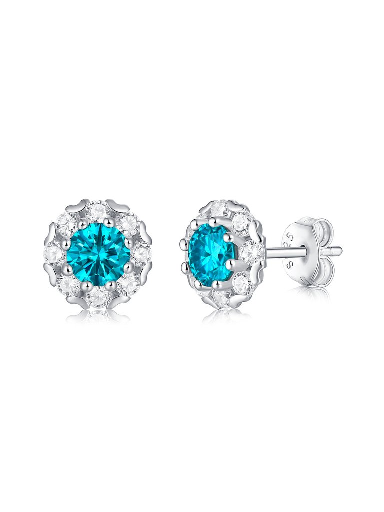 Sterling Silver with 0.50ctw Lab Created Moissanite & Blue Topaz Round Halo Stud Earrings - Blue