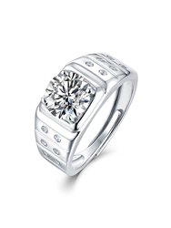 Sterling Silver with 1.25ctw Lab Created Moissanite Solitaire & Bezel Sides Engagement Anniversary Adjustable Ring - White