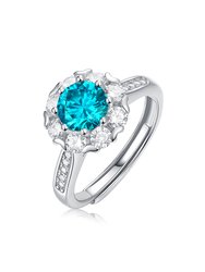 Sterling Silver with 1.8ctw Blue Topaz & Lab Created Moissanite Halo Cluster Adjustable Engagement Anniversary Promise Birthstone Ring - Blue