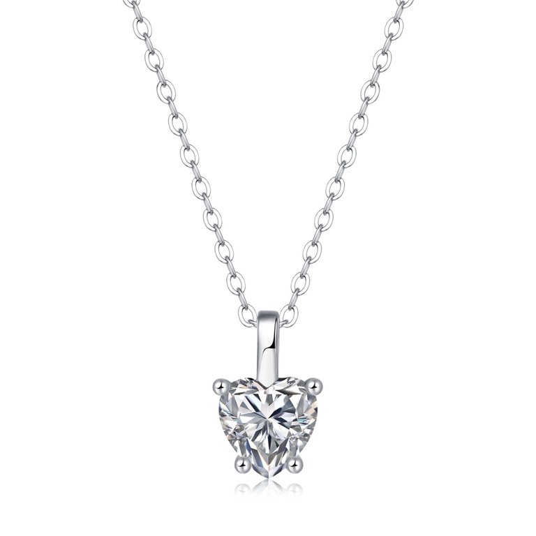 Sterling Silver with 1ct Lab Created Moissanite Heart Solitaire Pendant Necklace - White