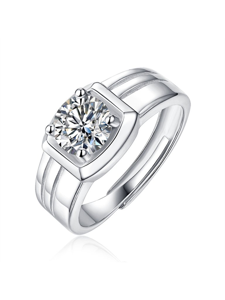 Sterling Silver with 1ct Round Lab Created Moissanite Solitaire Grooved Engagement Anniversary Adjustable Ring - White