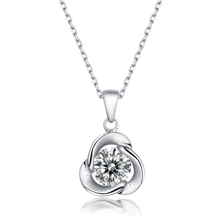 Sterling Silver with 1ct Round Moissanite Solitaire Flower Swirl Pendant Necklace - White
