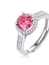 Sterling Silver with 1ctw Fancy Pink & White Lab Created Moissanite Halo Engagement Anniversary Adjustable Ring - Pink