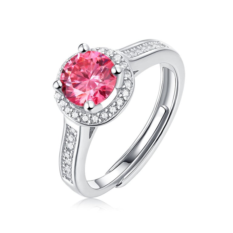 Sterling Silver with 1ctw Fancy Pink & White Lab Created Moissanite Halo Engagement Anniversary Adjustable Ring - Pink