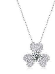 Sterling Silver with 1ctw Lab Created Moissanite French Pave Blooming Flower Solitaire Pendant Necklace - White