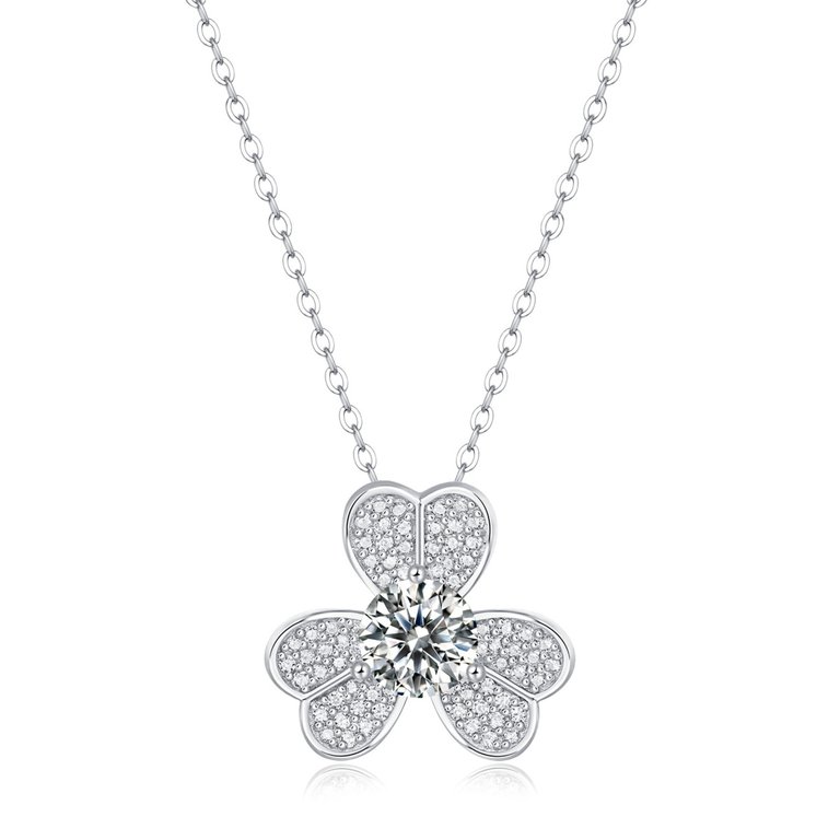 Sterling Silver with 1ctw Lab Created Moissanite French Pave Blooming Flower Solitaire Pendant Necklace - White