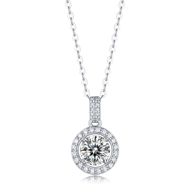 Sterling Silver with 1ctw Lab Created Moissanite Halo Cluster Drop Pendant Necklace - White