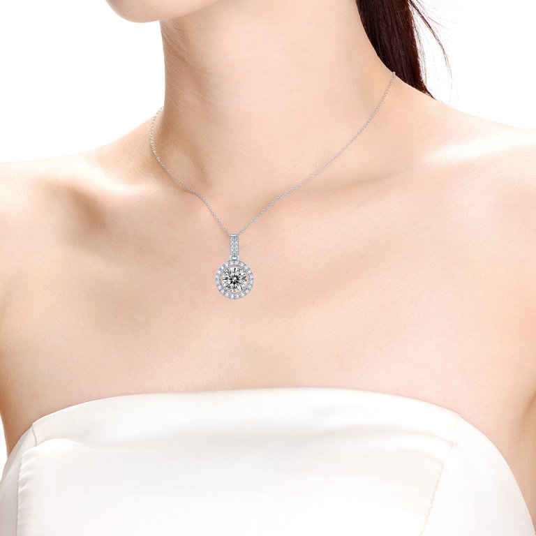 Sterling Silver with 1ctw Lab Created Moissanite Halo Cluster Drop Pendant Necklace