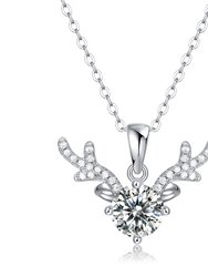 Sterling Silver with 1ctw Lab Created Moissanite Solitaire Pave Antler Pendant Layering Necklace - White
