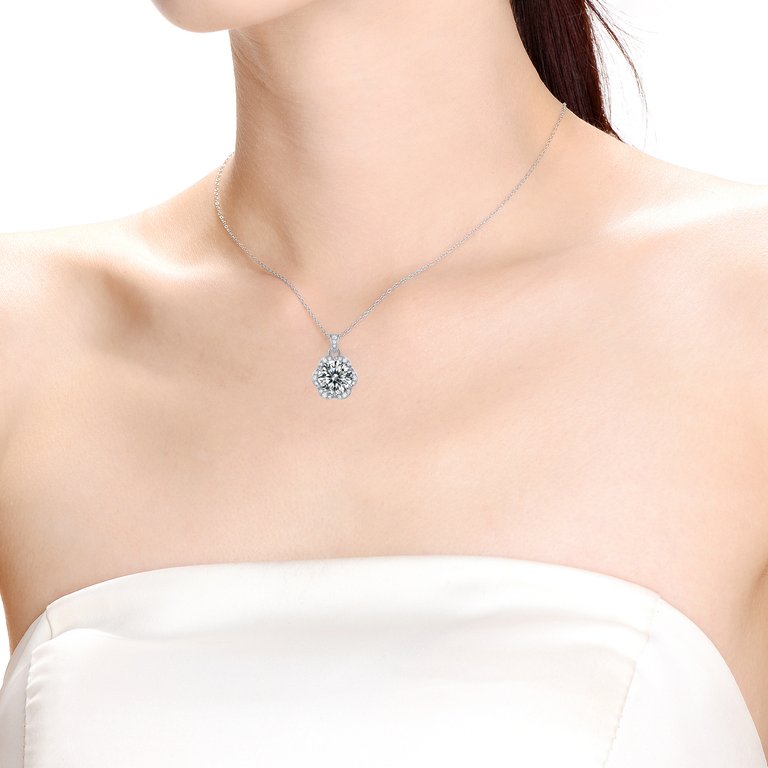 Sterling Silver with 2ctw Lab Created Moissanite Cluster Lace Halo Flower Pendant Necklace
