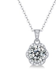Sterling Silver with 2ctw Lab Created Moissanite Cluster Lace Halo Flower Pendant Necklace - White