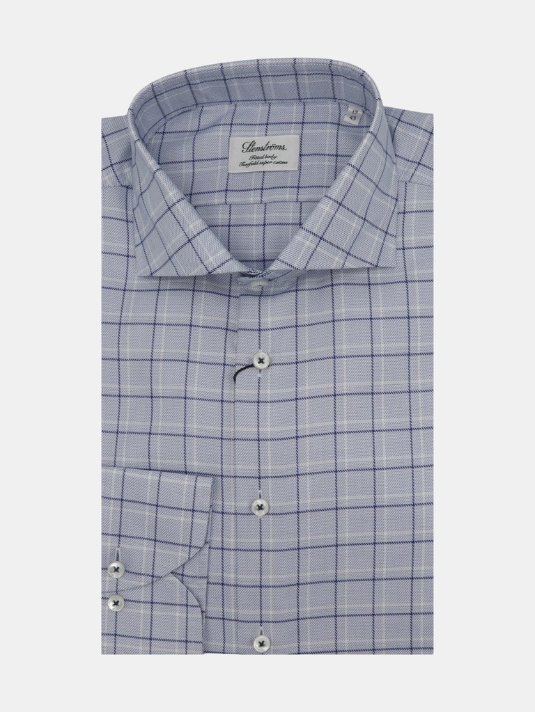 Stenstroms Men's Light Blue Checked Fitted Body Shirt Casual Button-Down - Light Blue Checker