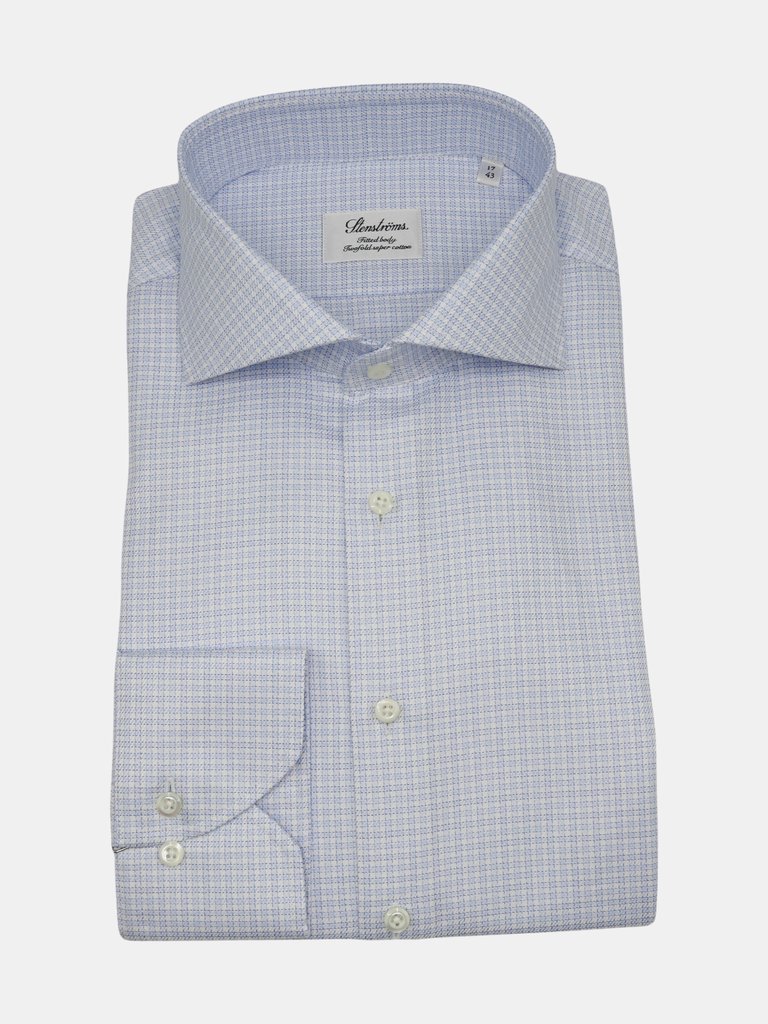 Stenstroms Men's Light Blue Checked Fitted Body Shirt Casual Button-Down - Light Blue