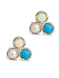 Bermuda Opal, Pearl, & Turquoise Triple Stud Earrings