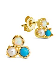 Bermuda Opal, Pearl, & Turquoise Triple Stud Earrings - Gold