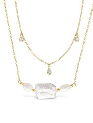 Bezel CZ and Pearl Layered Necklace - Gold