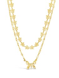 Butterfly & Daisy Chain Layered Necklace - Gold