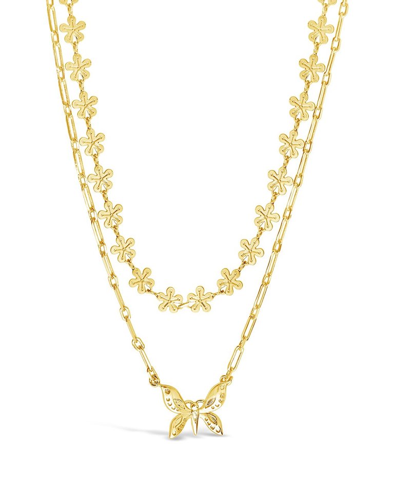 Butterfly & Daisy Chain Layered Necklace - Gold