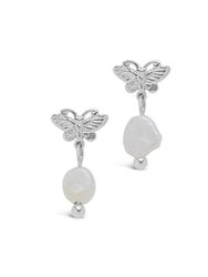 Butterfly & Pearl Stud Earrings - Silver