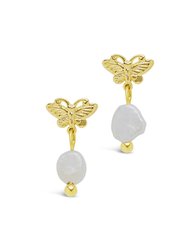 Butterfly & Pearl Stud Earrings - Gold