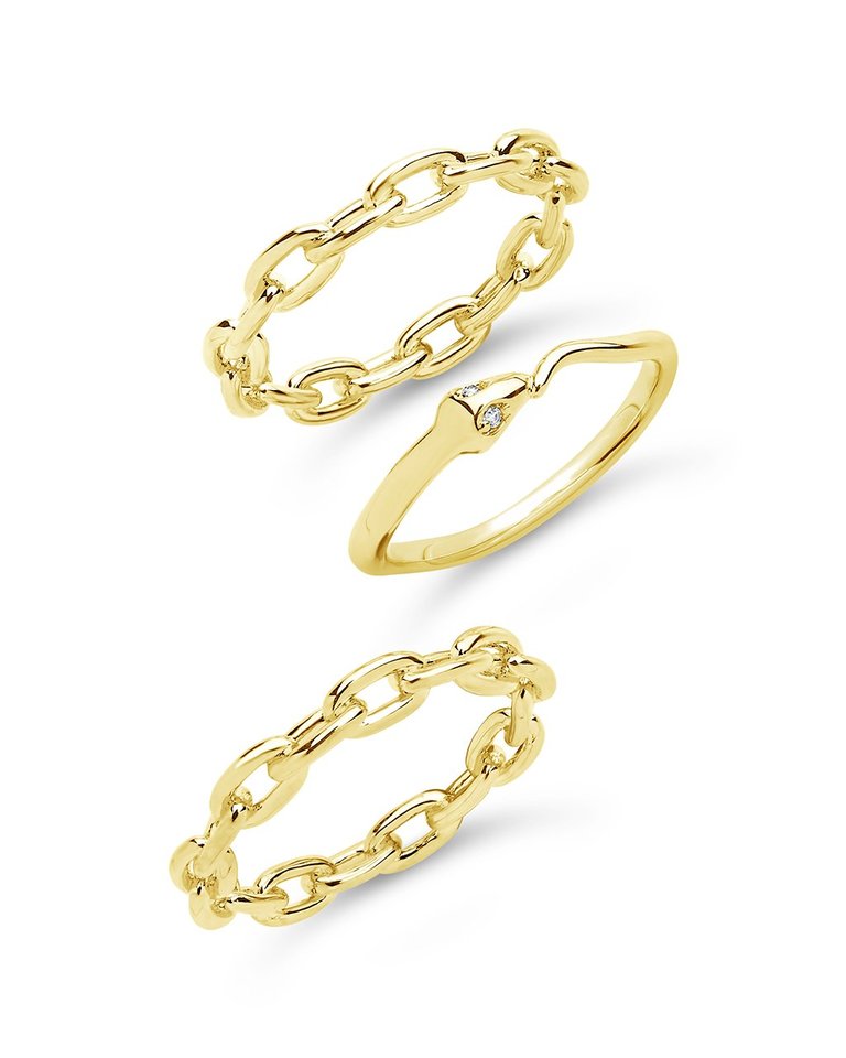 Chain & Snake Stacking Ring Set - Gold