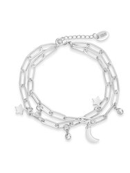 CZ, Moon, & Star Double Chain Bracelet - Silver