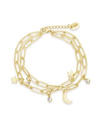 CZ, Moon, & Star Double Chain Bracelet - Gold