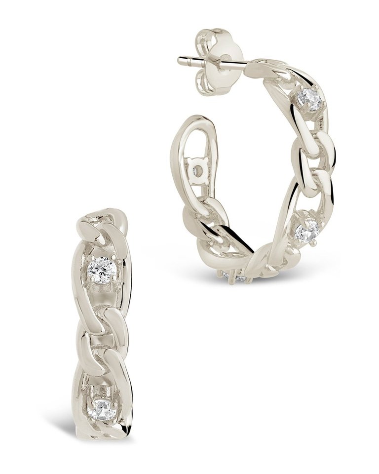 CZ Studded Figaro Link Hoops - Silver