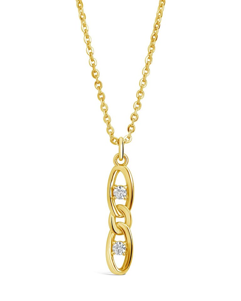 CZ Studded Figaro Link Pendant Necklace - Gold