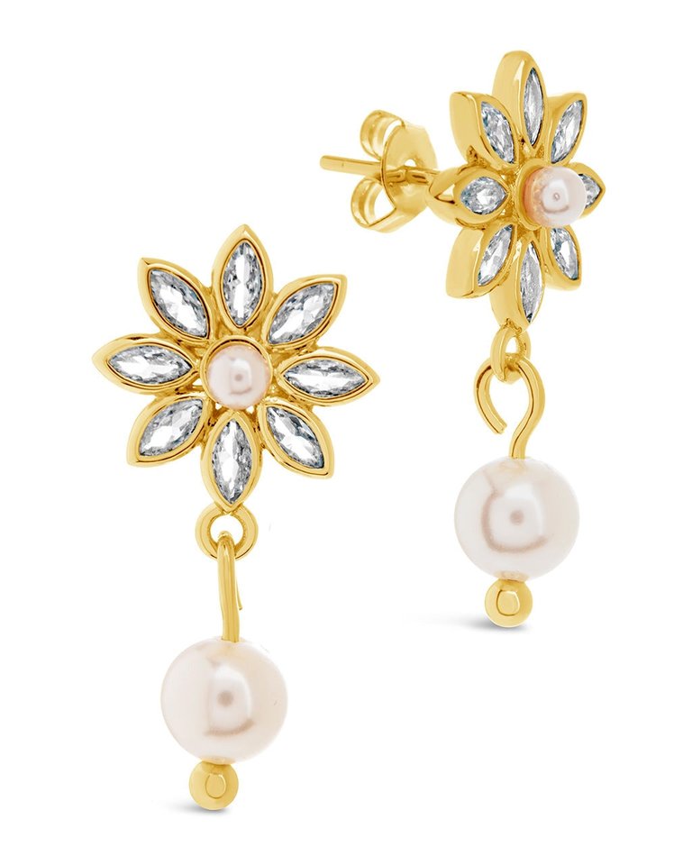 Esti CZ Flower & Pearl Drop Stud Earrings - Gold