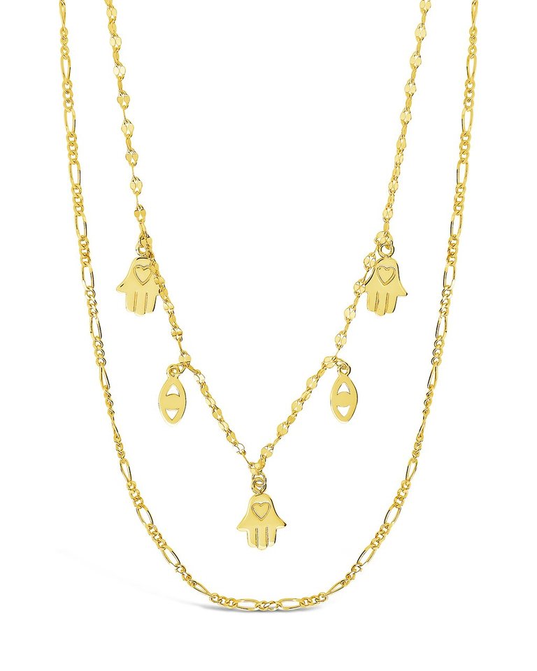 Evil Eye, Hamsa, & Figaro Chain Layered Necklace - Gold