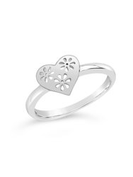 Heart Cut Out Lace Signet Ring - Silver