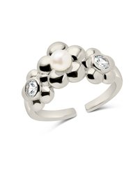 June CZ & Pearl Blossom Open Band Ring - Silver