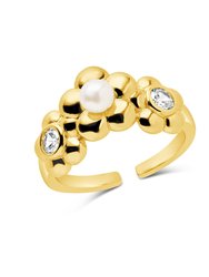 June CZ & Pearl Blossom Open Band Ring - Gold