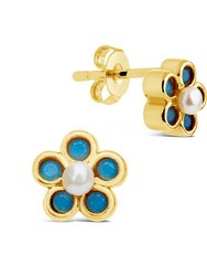 Lilo Turquoise & Pearl Flower Stud Earrings - Gold