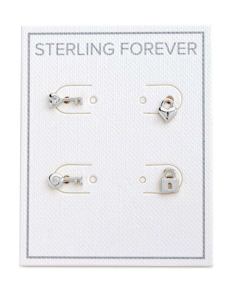 Lock and Key Stud Set Earrings - Silver