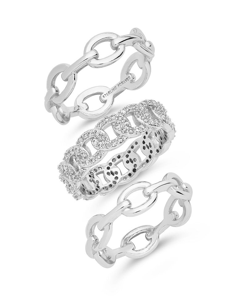 Mixed Link Stacking Ring Set of 3 - Silver