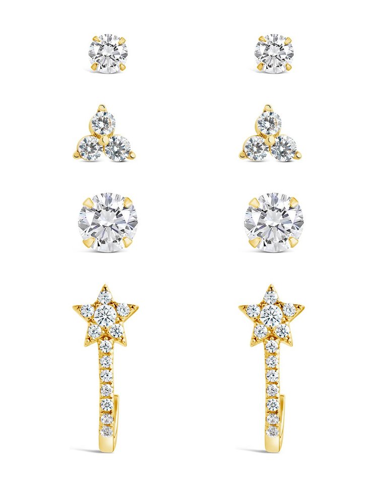 Sterling Silver 4pc Everyday CZ Earring Set - Gold