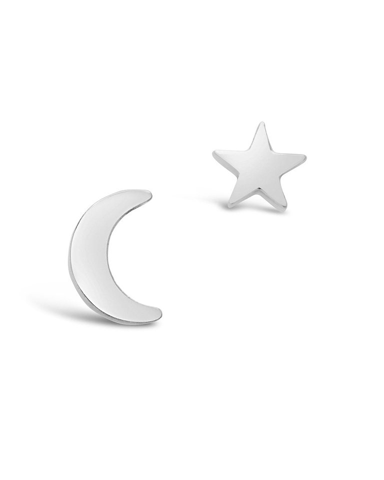 Sterling Silver Crescent & Star Asymmetrical Studs - Silver