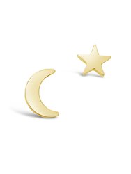 Sterling Silver Crescent & Star Asymmetrical Studs - Gold