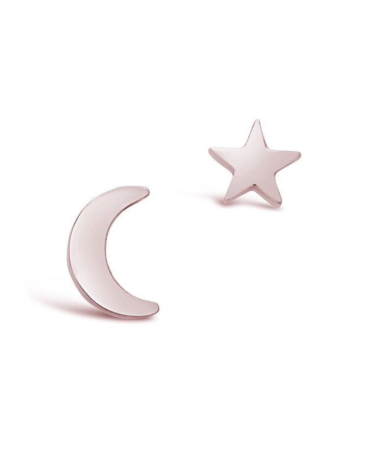 Sterling Silver Crescent & Star Asymmetrical Studs - Rose Gold