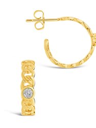 Sterling Silver Curb Chain Hoops with Bezel CZ - Gold