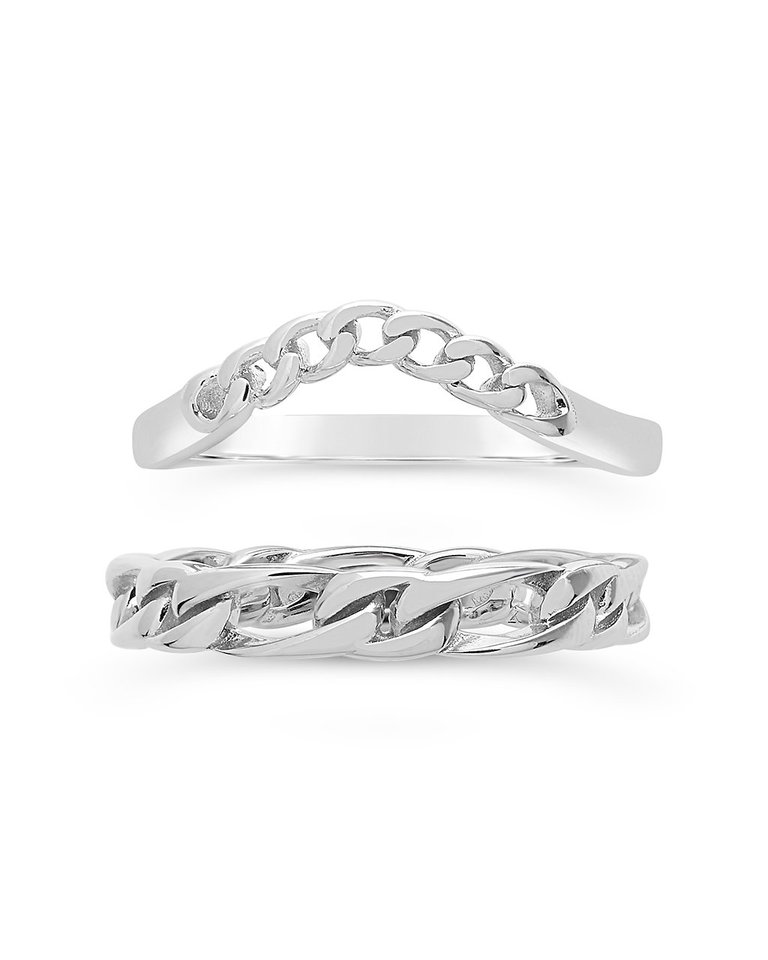 Sterling Silver Figaro & Curb Chain Link Ring Set - Silver
