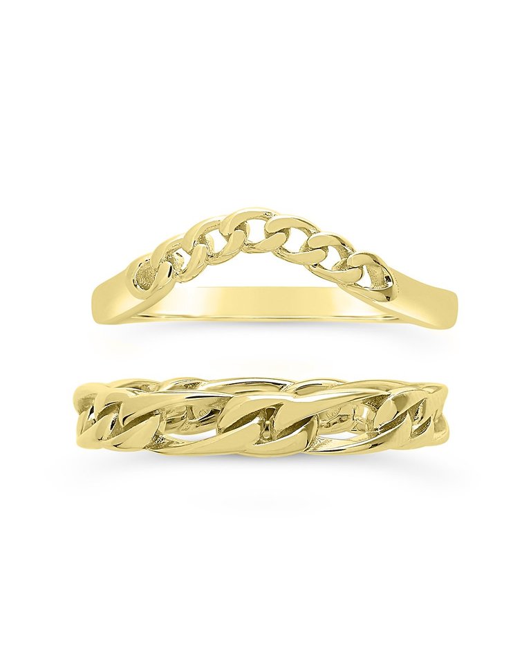 Sterling Silver Figaro & Curb Chain Link Ring Set - Gold