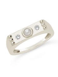 Sterling Silver Pearl & CZ Bar Ring - Silver