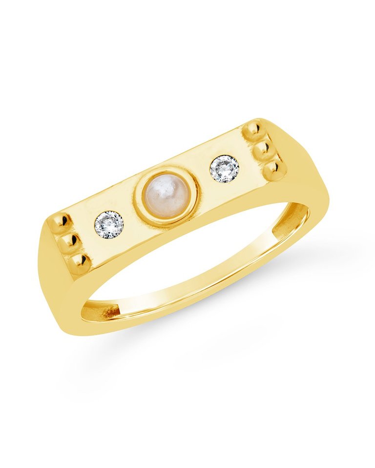 Sterling Silver Pearl & CZ Bar Ring - Gold